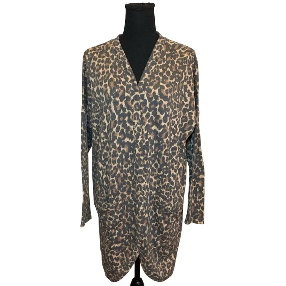 Ivoire Leopard Print Open Front Cardigan Brown Tan Longline Sweater‎ Mens Medium